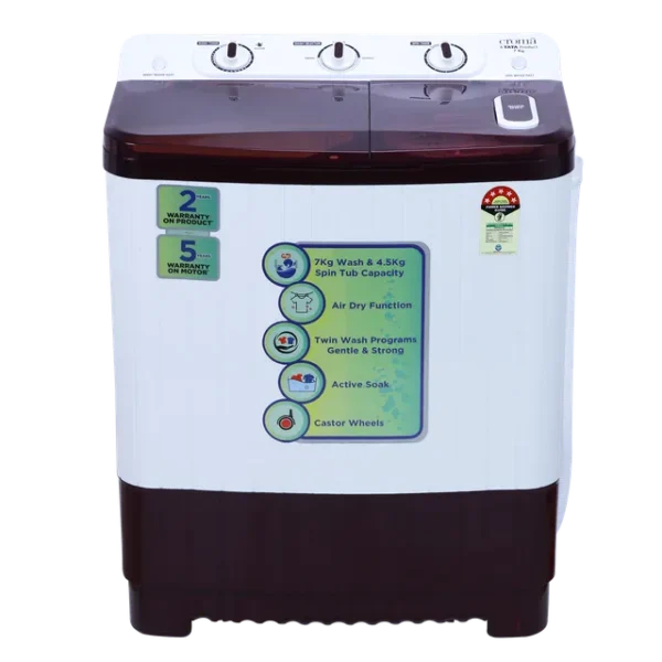 Voltas  7 kg 5 Star Semi Automatic Washing Machine with Built-in Soak Function ( Burgandy)