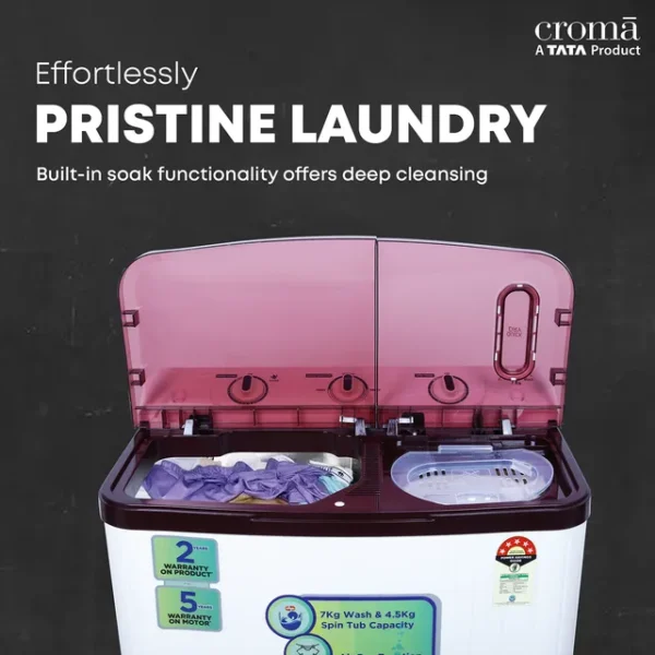 Voltas  7 kg 5 Star Semi Automatic Washing Machine with Built-in Soak Function ( Burgandy) - Image 2