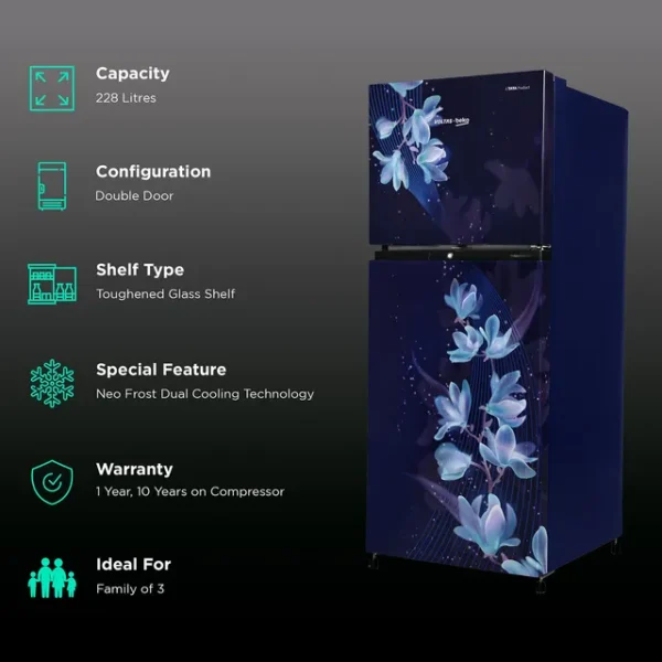 VOLTAS beko 228 Litres 2 Star Frost Free Double Door Refrigerator with Reciprocating Compressor (RFF265D / W0NBR0I0, Nightangle Blue) - Image 7
