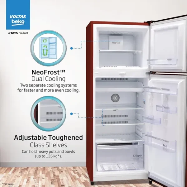 VOLTAS beko 248 Litres 2 Star Frost Free Double Door Refrigerator with Reciprocating Compressor (RFF285D/W0CWR0I000, Celin Wine) - Image 7